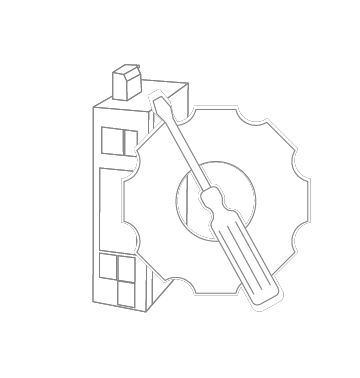 Linienzeichnung eines Standardproduktes mit einem Zahnrad und Schraubendreher im Vordergrund