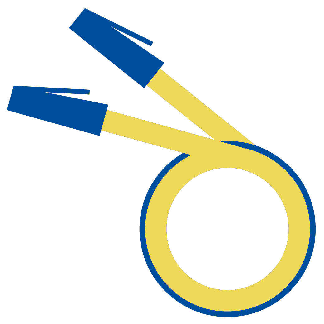 Aufgerolltes Kabel in blau und gelb als Symbol für die flachen Patchkabel