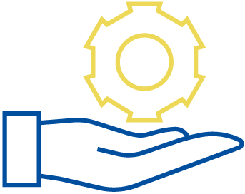 Eine offene Hand, die ein gelbes Zahnrad hochhält