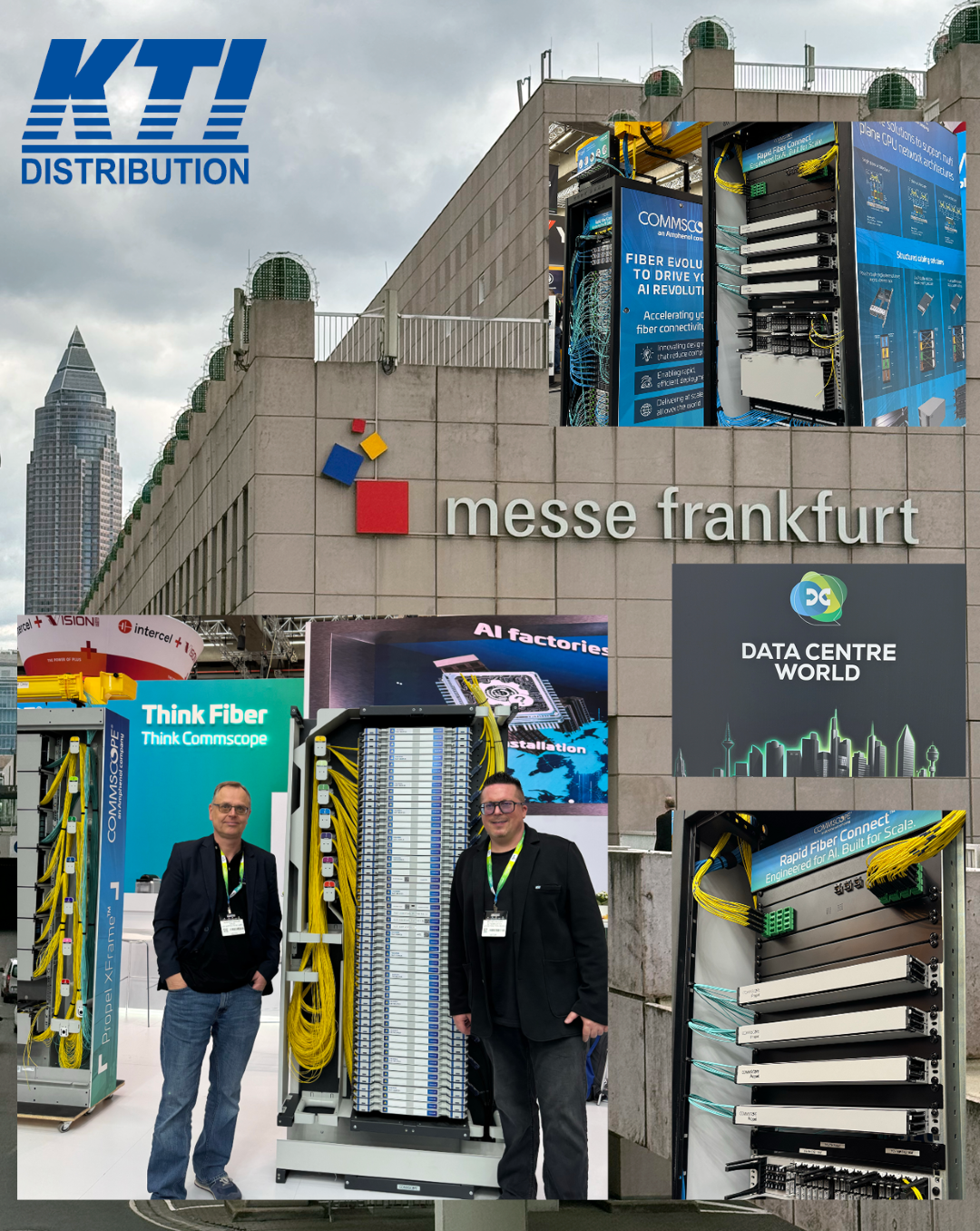 KTI und CommScope auf der Data Centre World Frankfurt – zwei Personen vor dem CommScope-Stand mit Glasfaser- und Netzwerkinfrastruktur-Exponaten vor der Messe Frankfurt.