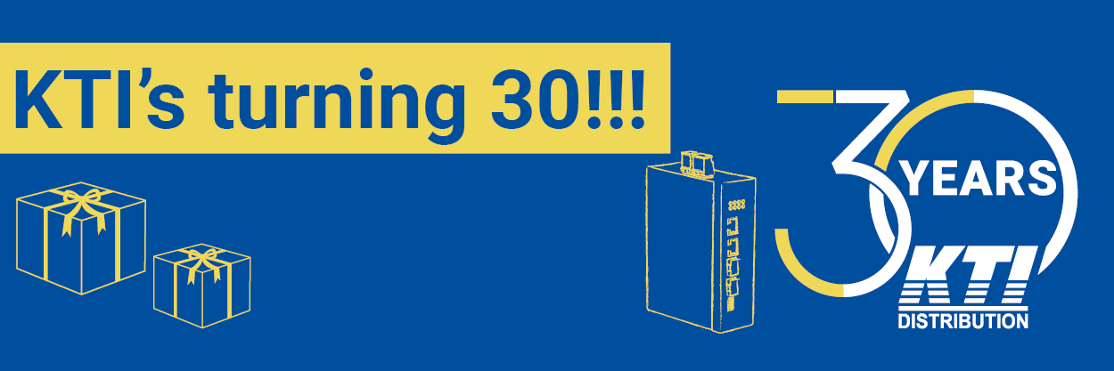 Anniversary banner „KTI turns 30“ featuring gift boxes, a KTI switch, and the 30 Years KTI Distribution logo on a blue background.