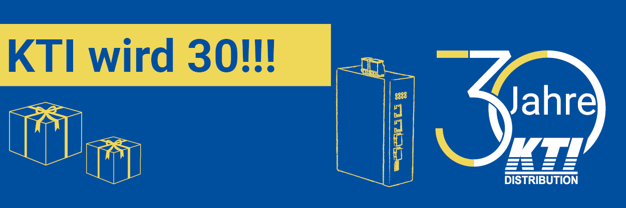 Jubiläumsbanner „KTI wird 30“ mit Geschenkboxen, einem KTI-Switch und dem 30-Jahre-KTI-Distribution-Logo auf blauem Hintergrund.